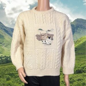 Vintage Thomas Keeling Wool Cable-knit Sweater Embroidered Sheep Landscape Scene